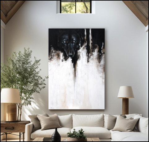 In a large white living room hangs a painting wherein black wolf peers from a black abstract void on white grounds.